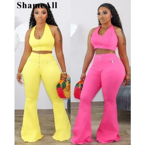 Plus Size Halter Sexy Bandage 2 Two Piece Set 4XL Sleeveless Bodycon Short Zipper Crop Top High Waist Flare Pant Sets Tracksuits