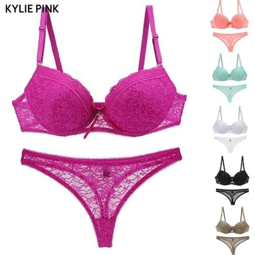 KYLIE PINK Lace Underwear Set Women Girl Sexy Bra Panty Set See Through Trasparent Bra Lingerie Set Plus Size Intimate Underwear