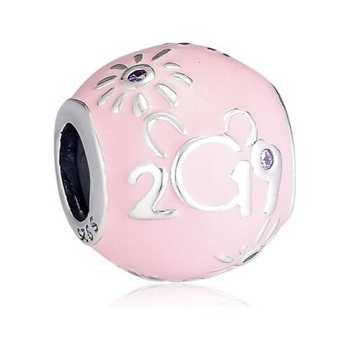 2019 Edition Pink Color Enamel Round Beads for Bracelets & Bangles Silver 925 Charm Jewelry Cartoon Princess Castle Beads DIY
