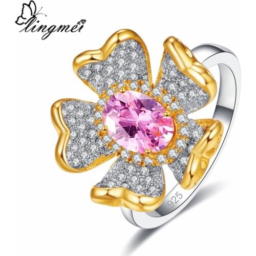 Lingmei Wholesale Flower Fashion Women Jewelry Oval Pink & Gold White Zircon Silver Color Ring Size 6-9 Wedding Engagement Ring