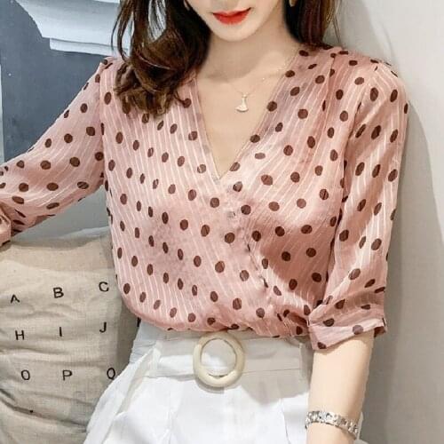 Fashion Womens Polka Dot Chiffon Blouse Casual Summer Ladies V-Neck Tops Female Short Sleeve Shirt Women Blusas Mujer 2021 Y736