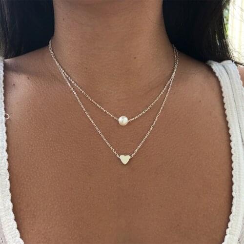 New Bohemia Simple fashion Imitation pearl love Heart Double layer Clavicle chain necklace accessories female Jewelry Wholesale