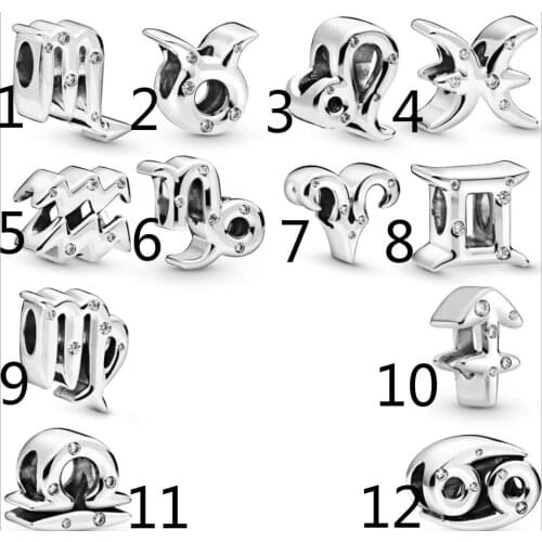 Fit Original Pan Charms Bracelet 925 Sterling Silver 12 Sparkling Zodiac Charm Beads DIY Jewelry Making