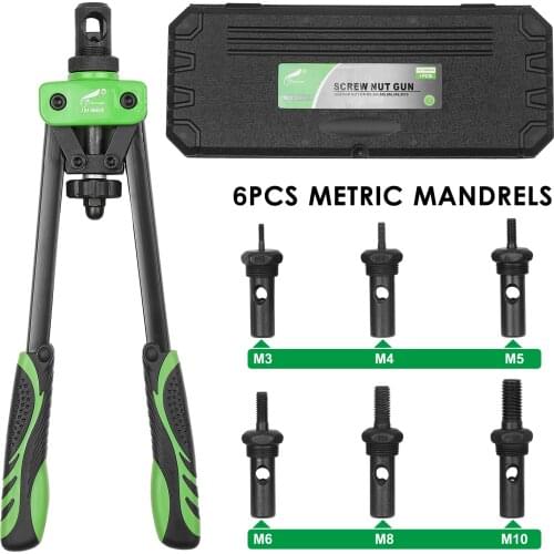 Hand Rivet Nut Tool Riveting Tool Rivet Nut Setter with 6 Metric Mandrels of M3/M4/M5/M6/M8/M10 and Molded Carrying Case
