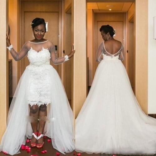 Long Sleeve Hi-low Black Girl Plus Size Wedding Dresses Chapel Train Bridal Wedding Gowns Robe De Mariee