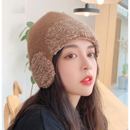 Women Fall Winter Knit Skull Cap Beanie Ear Covers EarFlap Hat Vogue With Face Cover Mask Girls Fashion Hat Outdoor Warm Snow