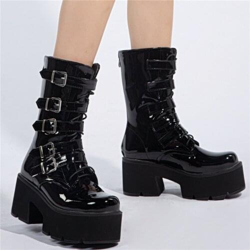 Winter Warm Buckles Shoes Women Chunky High Heels Motorcycle Boots Female High Top Round Toe Platform Pumps Shoes Casual Shoes