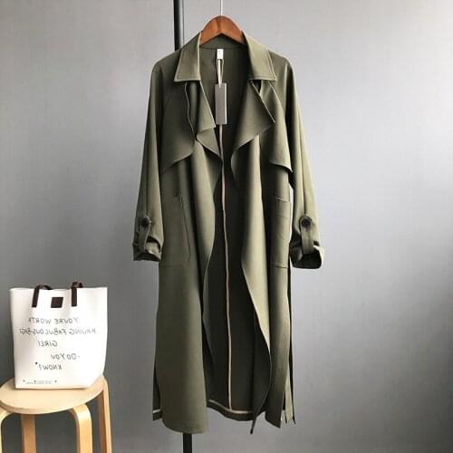 Army Green Beige Mid-length Thin Trench coat Plus Sashes Women Elegant Lapel Long sleeve Casual Windbreaker Spring Female Coats
