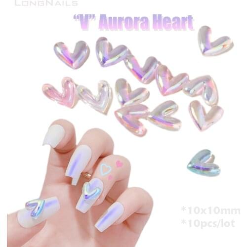 "V" Curve Heart Rhinestones Love 10*10mm Flatback Nail Aurora Jewelry Crystal 10pcs Gem 3D Valentine Nail Heart Rhinestones 047S