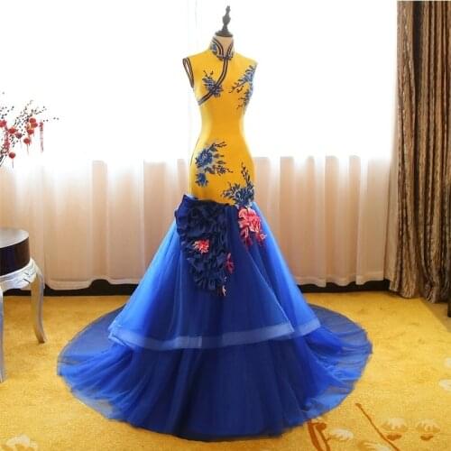 Yellow Long Evening Gown Traditional Chinese Dress Cheongsam China Wedding Dresses Robe Chinoise Vestido Oriental Qipao Bandage