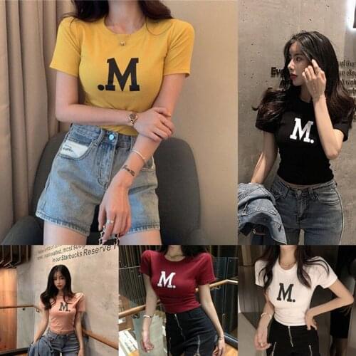 Womens Korean Style Round Neck Letter Print Short Sleeve Tight Crop Top T-Shirt