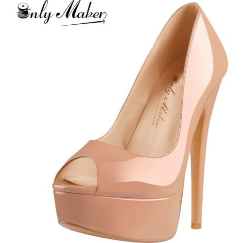 Onlymaker Womens Platform Peep Toe High Heel Sandals Nude Patent Leather Sexy Elegant Stiletto Heels Sandals Prom Big Size