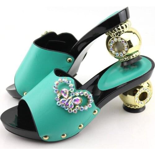 High quality lake green women chunky heel shoes with big crystal and metal decoration african pumps for dress CR2115,heel 8CM