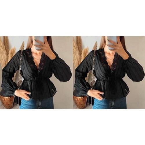 Striped Stitching V-Neck Lace Sexy Top Solid Color Lace-Up Lantern Sleeve Tops