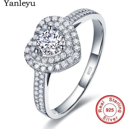 Yanleyu Romantic Heart Shape Bridal Engagement Jewelry Genuine 925 Sterling Silver CZ Diamant Wedding Rings for Women Gift PR206