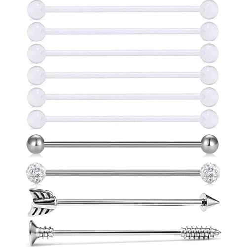 10pcs 14G Stainless Steel Clear Acrylic Industrial Barbell Ear Cartilage Helix Tragus Conch Piercing Bar Earrings Retainer 38mm