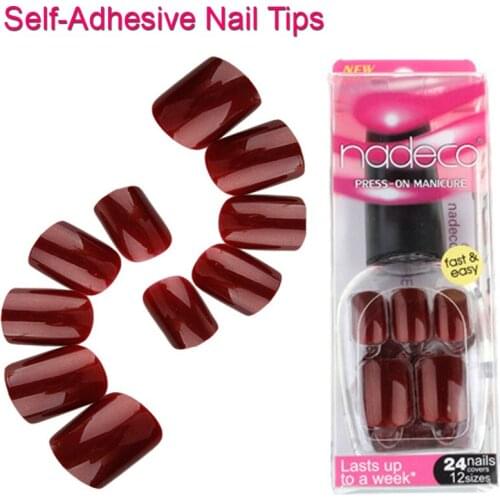 12Sets Full Cover Dark Maroon Self-Adhesive Fake Nail Polish Tips Red Brown Pre-glued Nails Pure Color French Manicure RCP-43