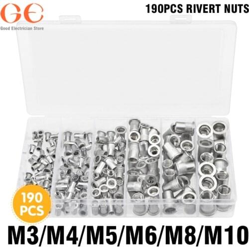 190PCS Flat Head Rivet Nut Zinc Plated Aluminum Metric Thread Blind Insert Rivnut Nutsert Screw M3-M10 bolts and nuts