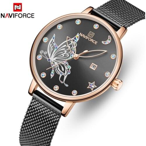 2019NAVIFORCE rose gold watch ladies top brand stainless steel mesh ladies watch ladies fashion quartz black gold color dress cl