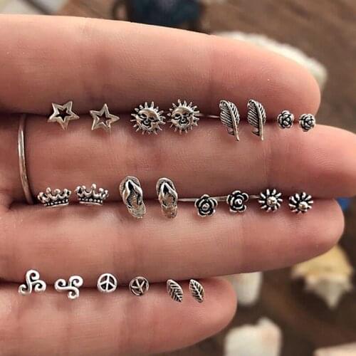 22 Pcs/set Women Boho Sun Crown Leaves Flowers Stars Silver Color Earring Set Peace Om Yoga Earring Party Jewelry Gift