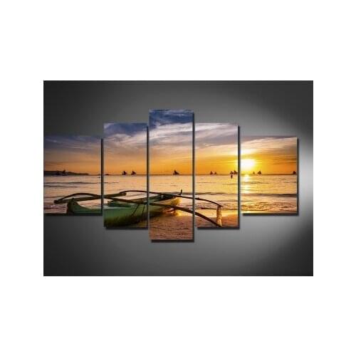 5 Panel Wall Art Seaside Landscape Painting Sunset Seascape Canvas Prints Home Decor Picture for Living Room framed/HX-071