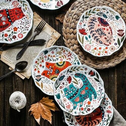 8 inch Dinner Plate Under-glazed Ceramic Dinner Dishes Dessert Tray Flower Kitten Dinnerware Microwave Safe Dinner Set