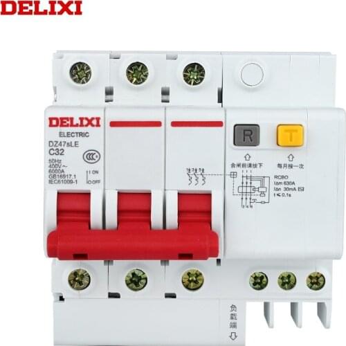 DELIXI Leakage protection circuit breaker MCB RCBO DZ47SLE 6KA 3P 400AC type C 6A 10A 16A 20A 25A 32A 40A 50A 63A