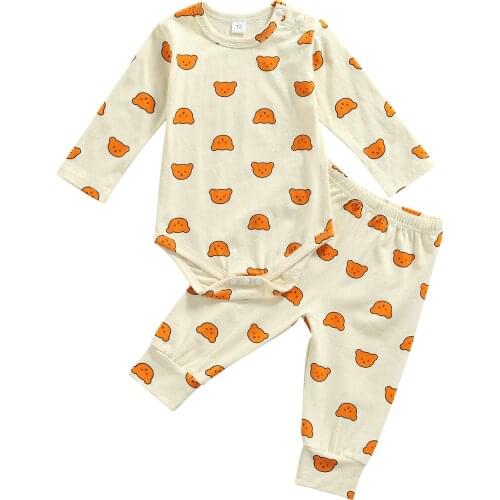 2 Pieces Kids Sleep Suit Set Cartoon Bear Print Round Neck Long Sleeve Romper + Long Pants for Toddler 0-24 Months