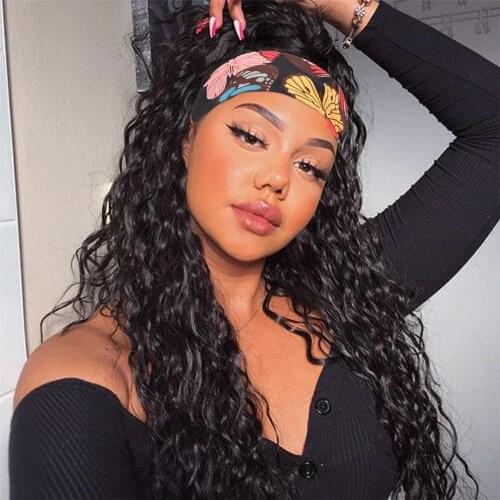 Headband Human Hair Wig Water Wave Glueless Human Hair Wigs With Pre-attached Scarf Non Lace Front Wigs for women 150% Density
