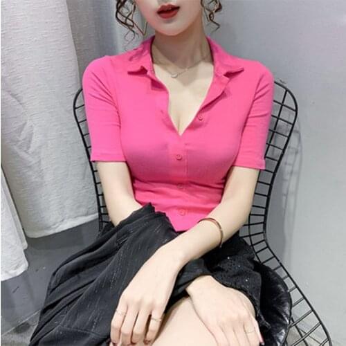 Hstar Cotton Knitted Crop Tops For Sexy Women 2021 Spring And Summer Female Solid Short-sleeve Elasticity Polo Shirt
