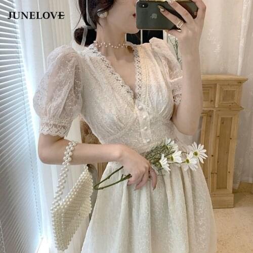 JuneLove One Piece Dress Korean V-Neck Elegant Vintage Dress Women Puff Sleeve Lace Dress Evening Party Dress 2021 Summer Chic