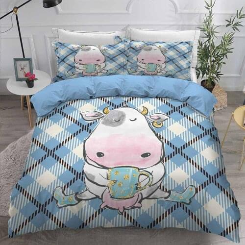 3D Printing Kawaii Cow Bedding Set Blue Fresh Duvet Cover for Kids Bed Set Boys Comforter Bedclothes Single King Size Bed Linens