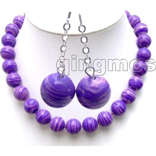 Beautiful Big 14mm Round Dark Purple Stripe Stone 18" necklace and earring set-nec5742