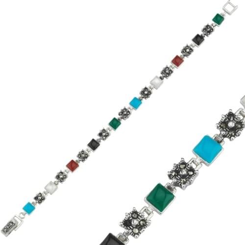 KUTAYDAN 925 Sterling Silver Marcasite Natural Gemstone Bracelet