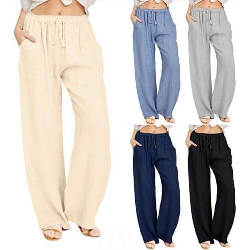 Summer Fashion Pants Plus Size 3XL Women Casual Solid Cotton Linen Pockets Loose Drawstring Elastic Waist Long Wide Leg Trousers