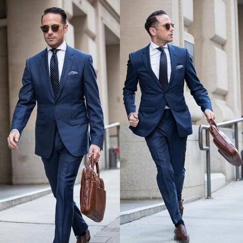 Fashionable Two Buttons Navy Blue Groom Tuxedos Notch Lapel Groomsmen Men Blazers Suits (Jacket+Pants+Tie) NO:393