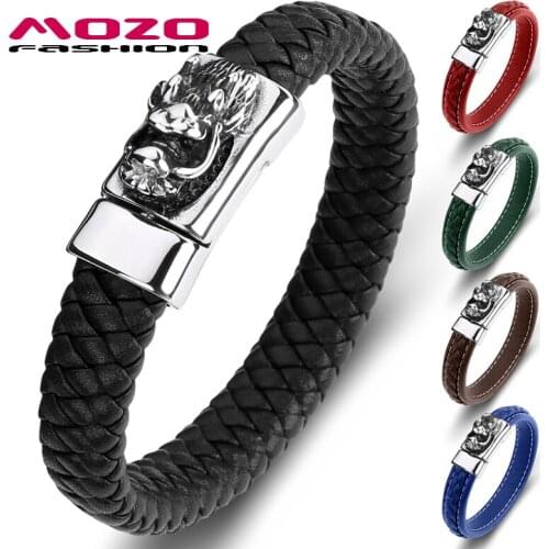 MOZO FASHION Dragon Punk Genuine Leather Stainless Steel Magnet Buckle Bracelet Handmade High Quality Wholesale Men Jewelry 092