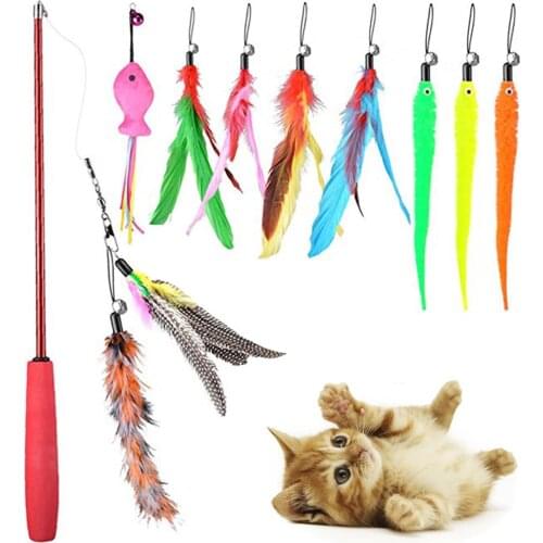 10 pieces Pet Cat Teaser Stick Kit Elastic Fishing Kitten Rod Cat Interactive Stick Fake Caterpillar Feather Scratcher Chaser