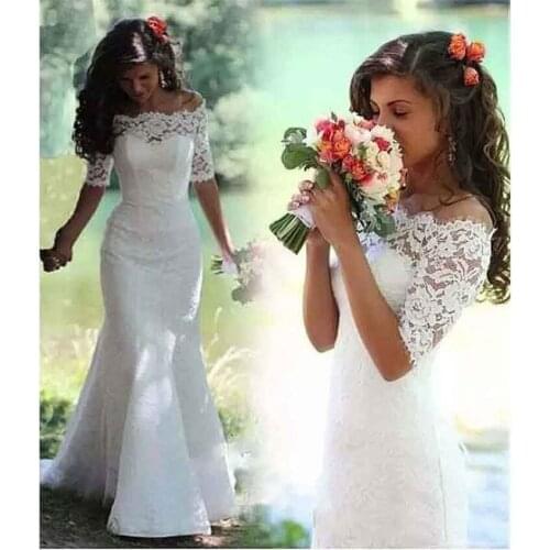 NUOXIFANG 2020 White Lace Boho Mermaid Wedding Dresses Half Sleeves Off The Shoulder Beach Bridal Dresses Elegant Wedding Gowns