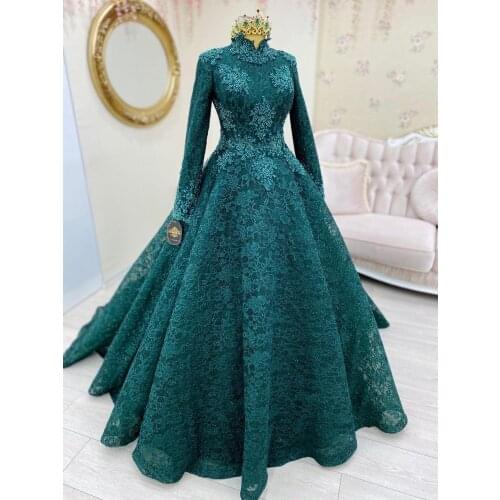 Teal Green Lace Appliques Muslim Prom Dress 2021 High Neck Long Sleeve Dubai Kaftan Saudi Arabic Evening Formal Party Gown