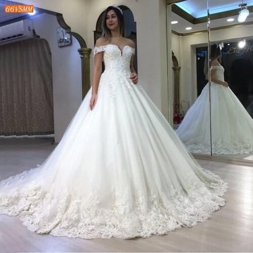 Luxury White Wedding Dress Lace Up Appliqued Beaded Pearls Ball Gown Bridal Dresses Off Shoulder Arabic 2021 Vestido De Noiva