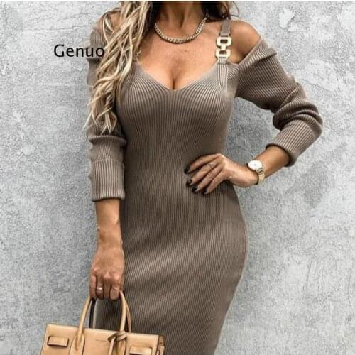 Off Shoulder Ribbed V-Neck Womens Midi Dress Metal Button Long Sleeve Women Sling Dresses 2021 New Solid Slim Female Vestidos