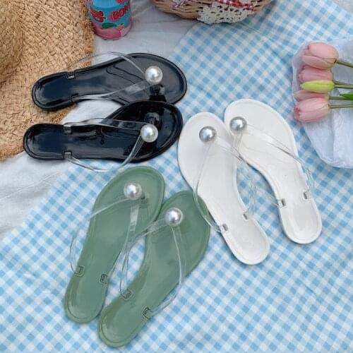 Summer Imitation Pearls Women Slippers Sweet Girly Heart Flip Flops Jelly Color Female Slides Flat Anti-slip Outdoor Indoor Shoe