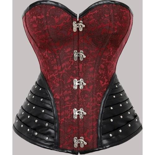 Medieval Vintage Printed Patchwork PU Leather Corsets Women Gothic Party Sexy Strapless Corset Tops 2021 Rivet Punk Lace Up