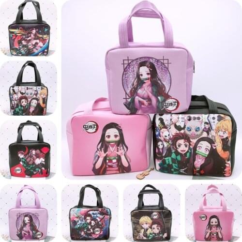 Cartoon Anime Devils Blade Kamado Nezuko High Capacity PU Lunch Box Bag Demon Slayer Kimetsu No Yaiba Student Lunch Tote Bag