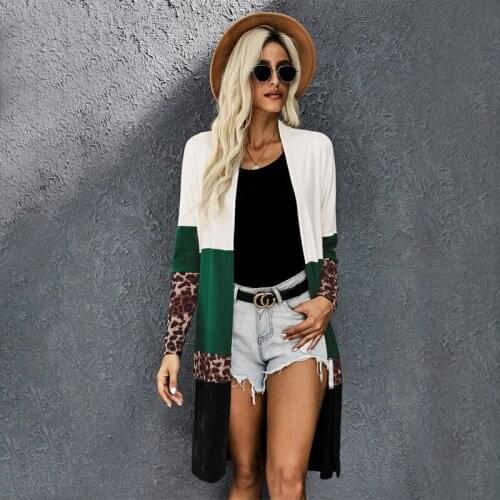 New womens sweaters autumn and winter jackets scarf collar leopard stitching loose knit sweater womens jacket