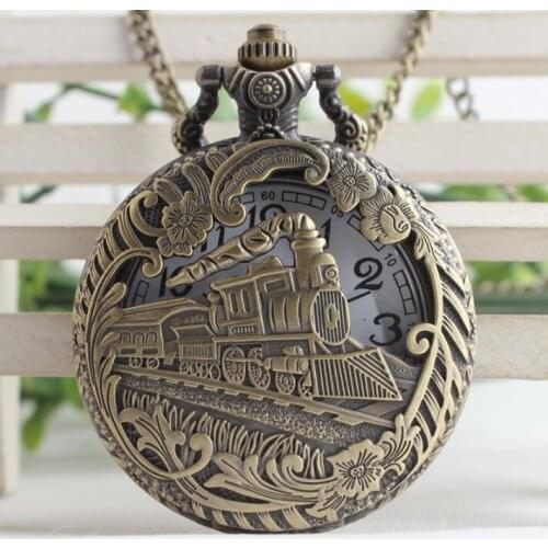 Vintage Bronze Hollow Train Locomotive Steampunk Quartz Pocket Watch Women Men Necklace Pendant with Chain Birthday Gift Watch