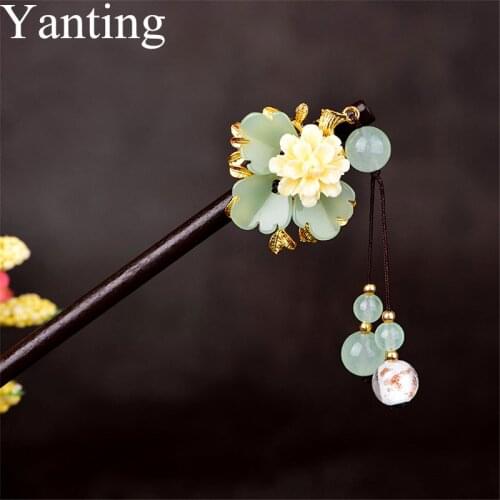 Yanting Women Hair Jewelry Glass Glazed Flower Chinese Hairpin Ethnic Hair Stick With Stone Tassel Bride Accessories Gift 0144