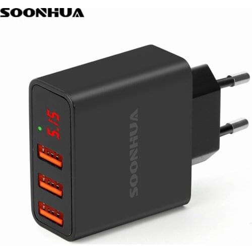 SOONHUA 3 USB Universal Mobile Phone Charger 5V/3.4A Fast Charging Travel Wall Charger LED Display Charger For iPhone Xiaomi
