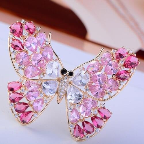 Butterfly Brooch Luxury Pink Zircon Crystal Brooches Pins for Women Wedding Bridal Bouquet Broaches Large Insect Animal Broche